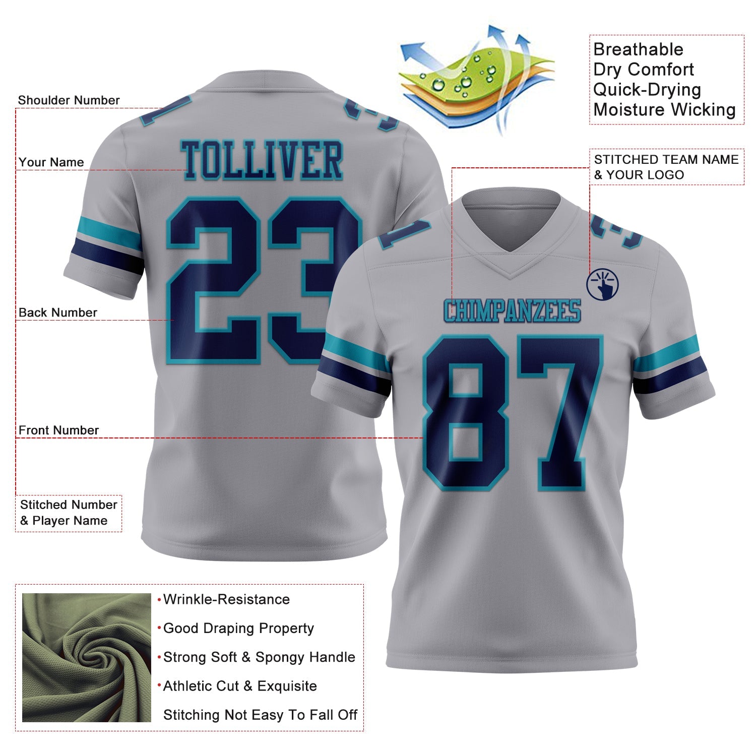 Custom Gray Navy-Teal Mesh Authentic Football Jersey - Sky-Custom