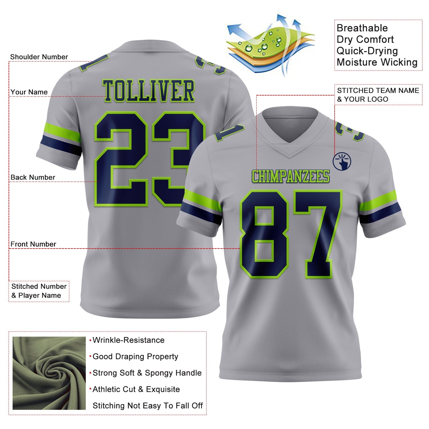 Custom Gray Navy-Neon Green Mesh Authentic Football Jersey - Sky-Custom