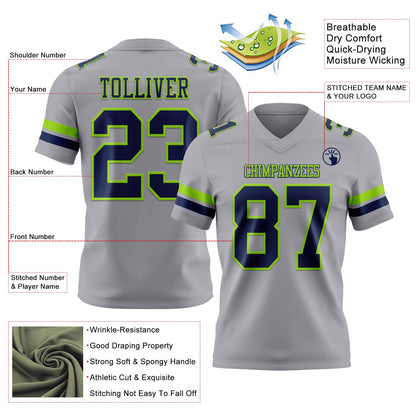 Custom Gray Navy-Neon Green Mesh Authentic Football Jersey - Sky-Custom