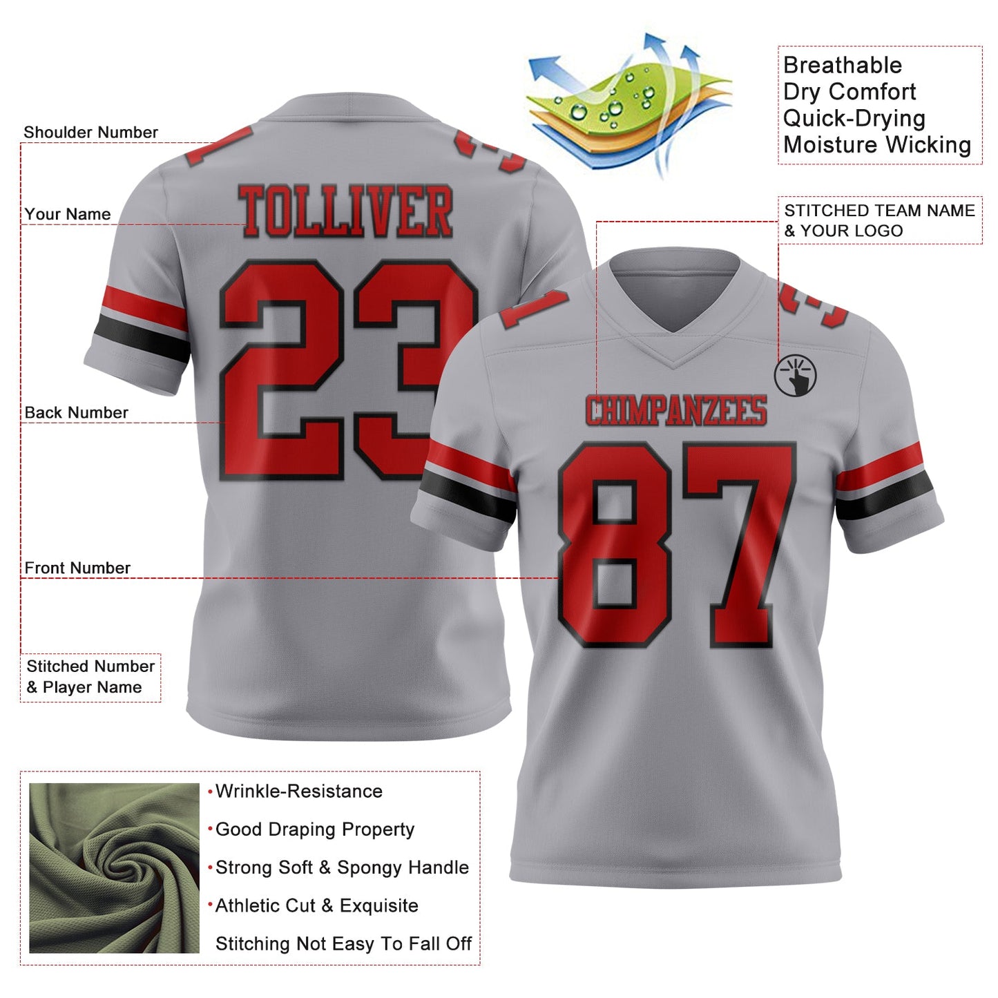Custom Gray Red-Black Mesh Authentic Football Jersey - Sky-Custom