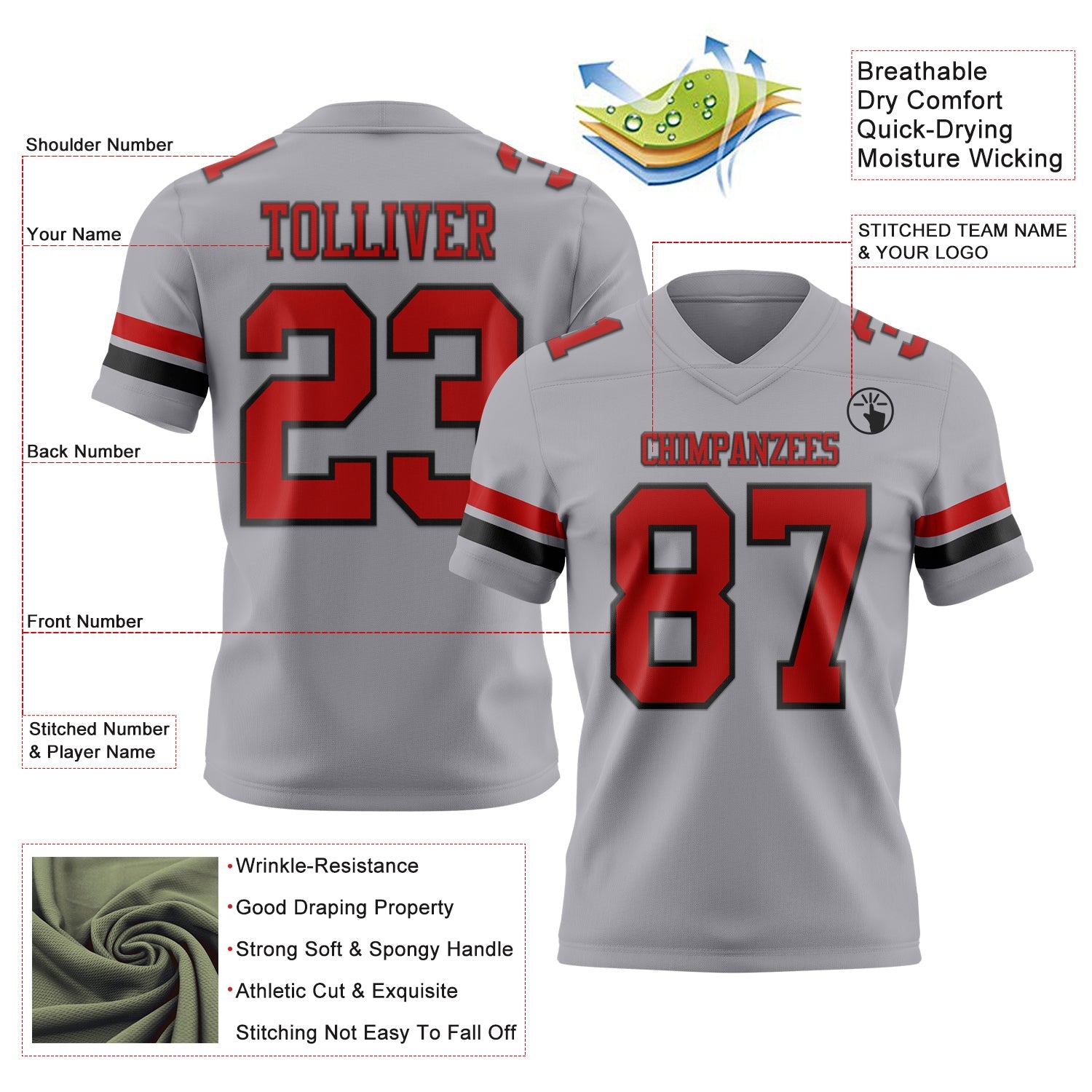 Custom Gray Red-Black Mesh Authentic Football Jersey - Sky-Custom