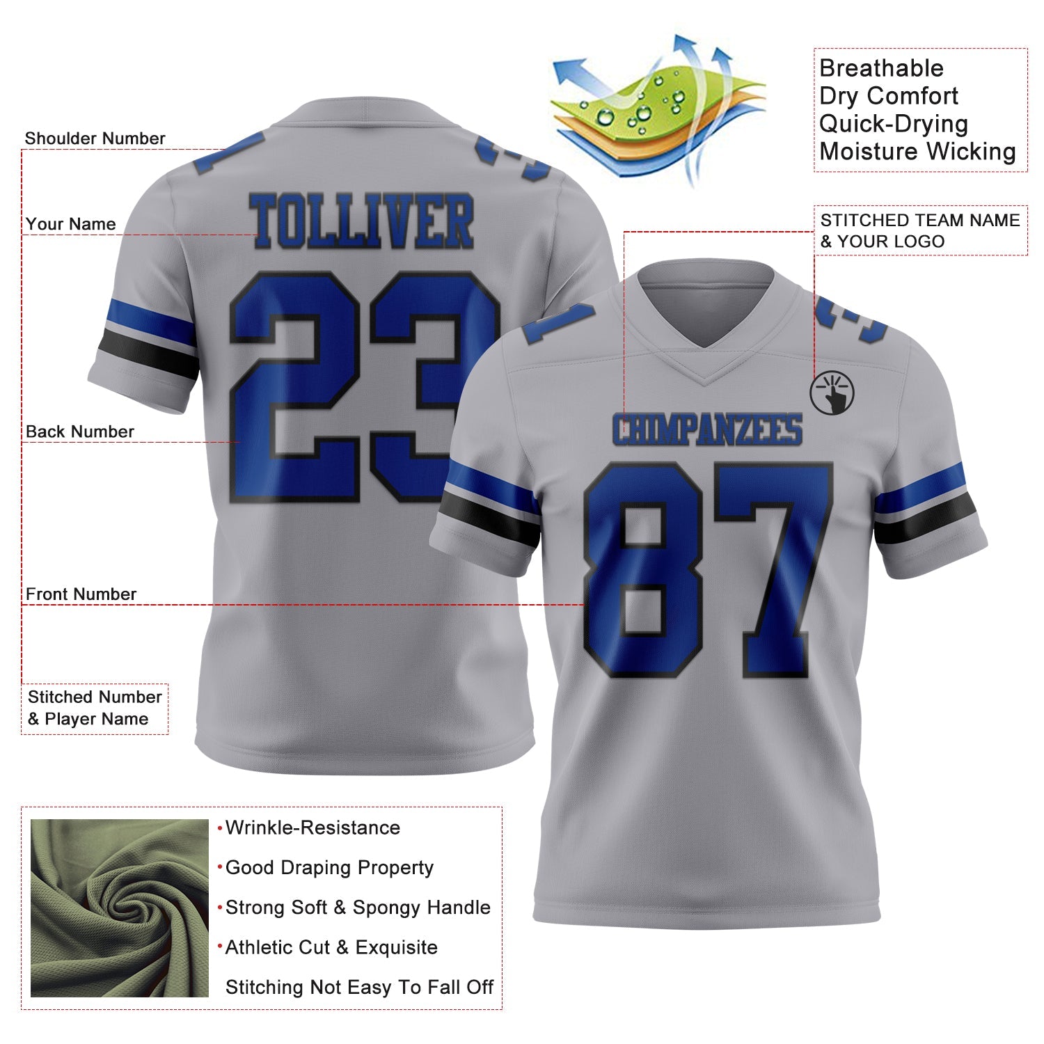 Custom Gray Royal-Black Mesh Authentic Football Jersey - Sky-Custom