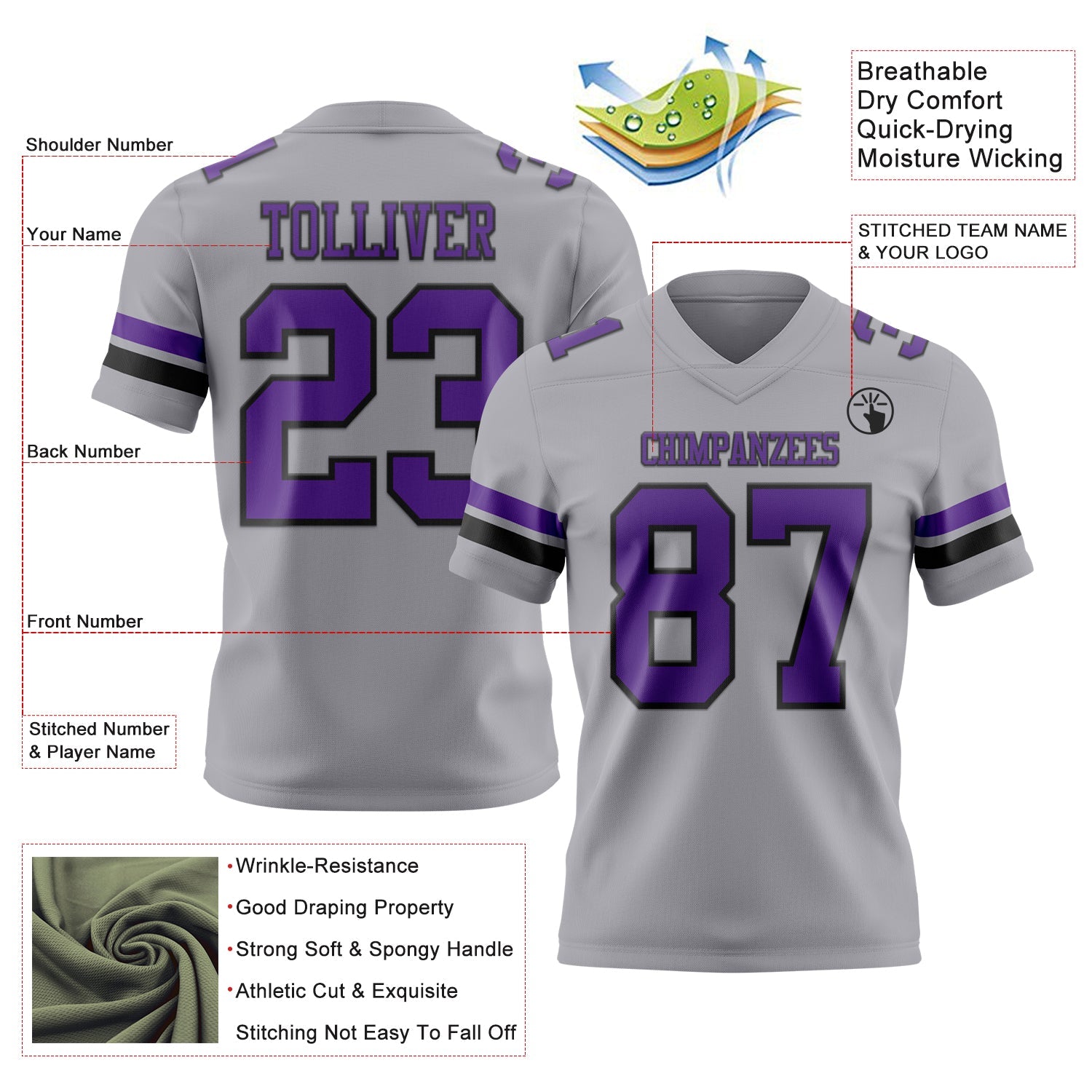Custom Gray Purple-Black Mesh Authentic Football Jersey - Sky-Custom