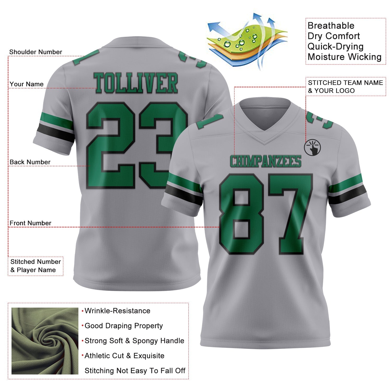 Custom Gray Kelly Green-Black Mesh Authentic Football Jersey - Sky-Custom