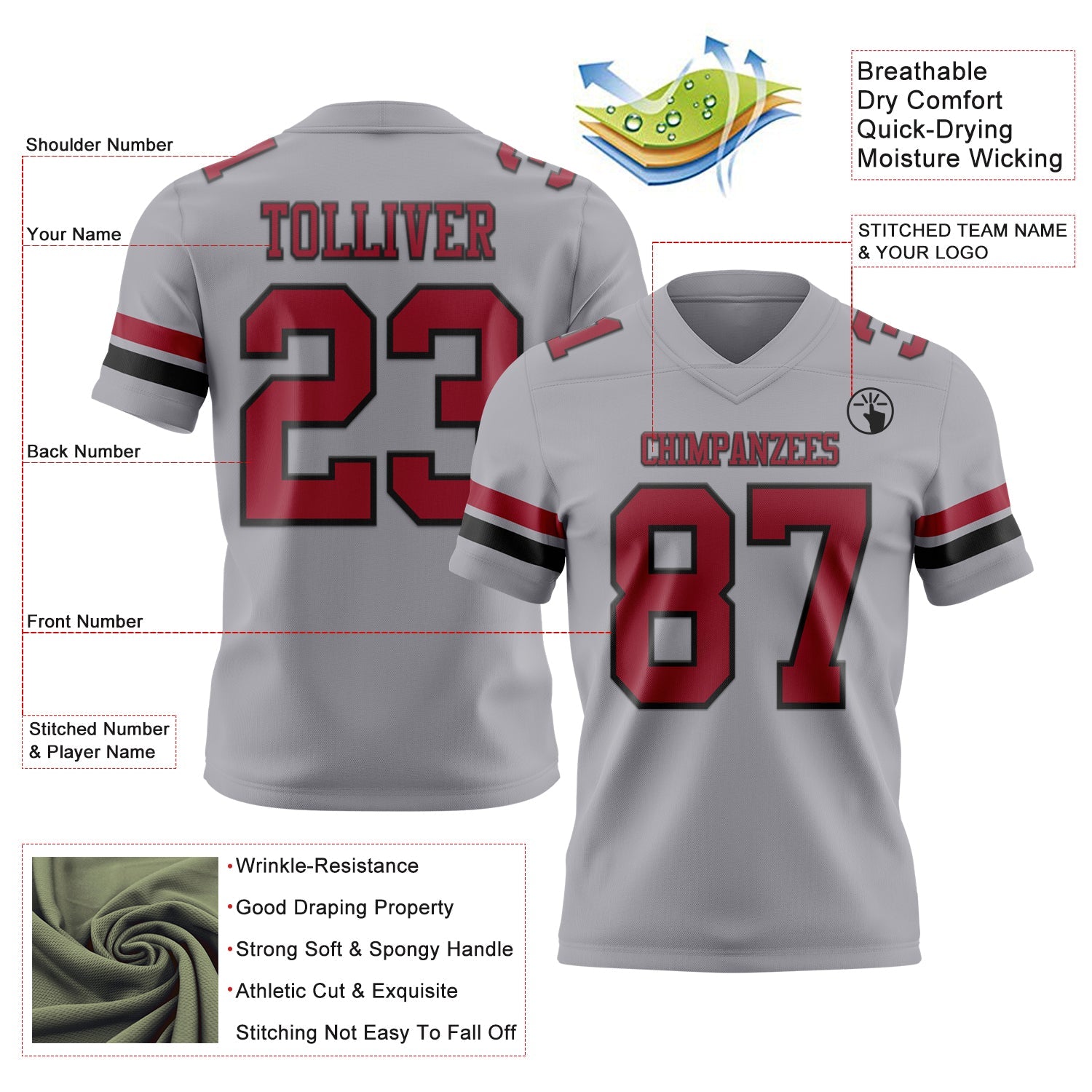 Custom Gray Cardinal-Black Mesh Authentic Football Jersey - Sky-Custom