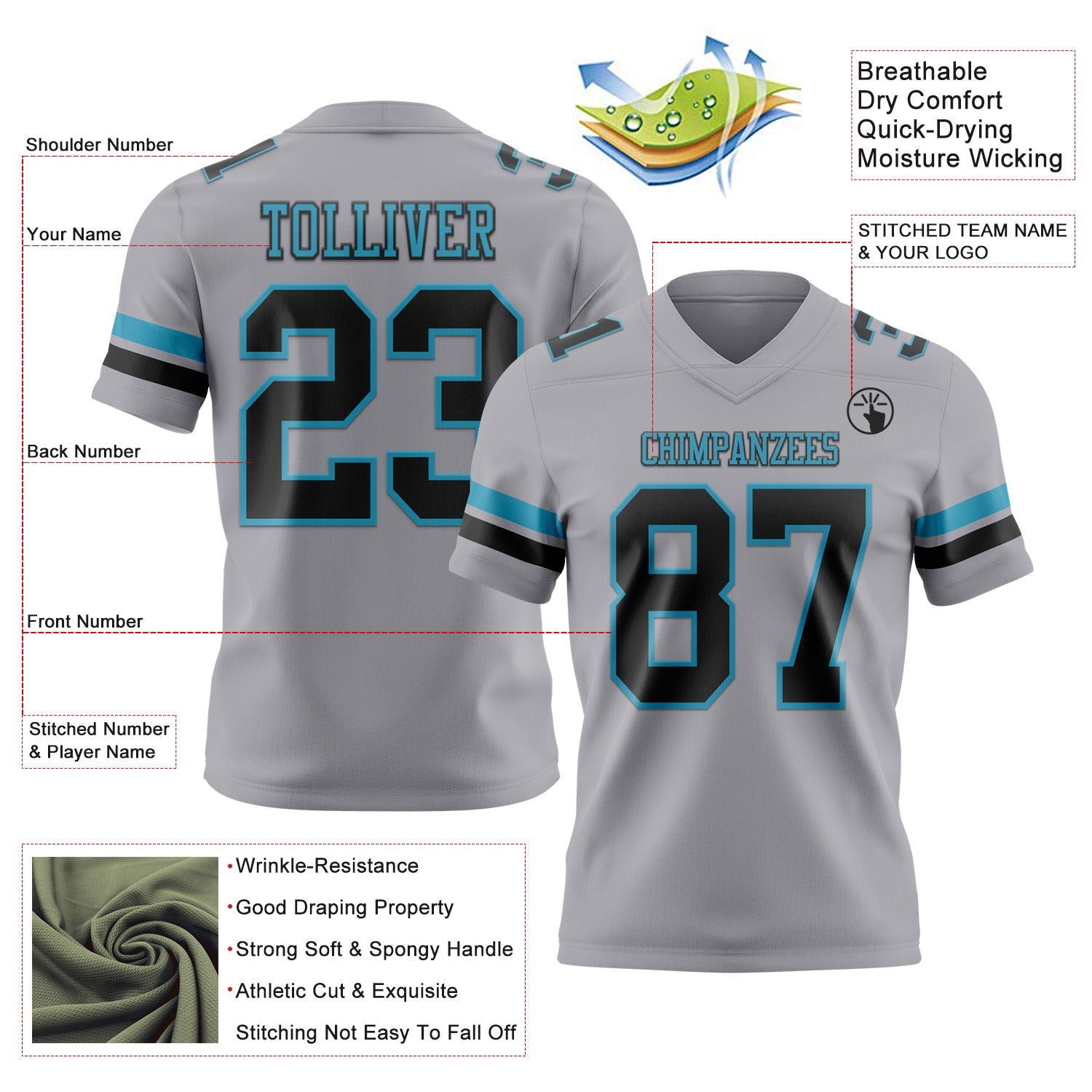 Custom Gray Black-Panther Blue Mesh Authentic Football Jersey - Sky-Custom