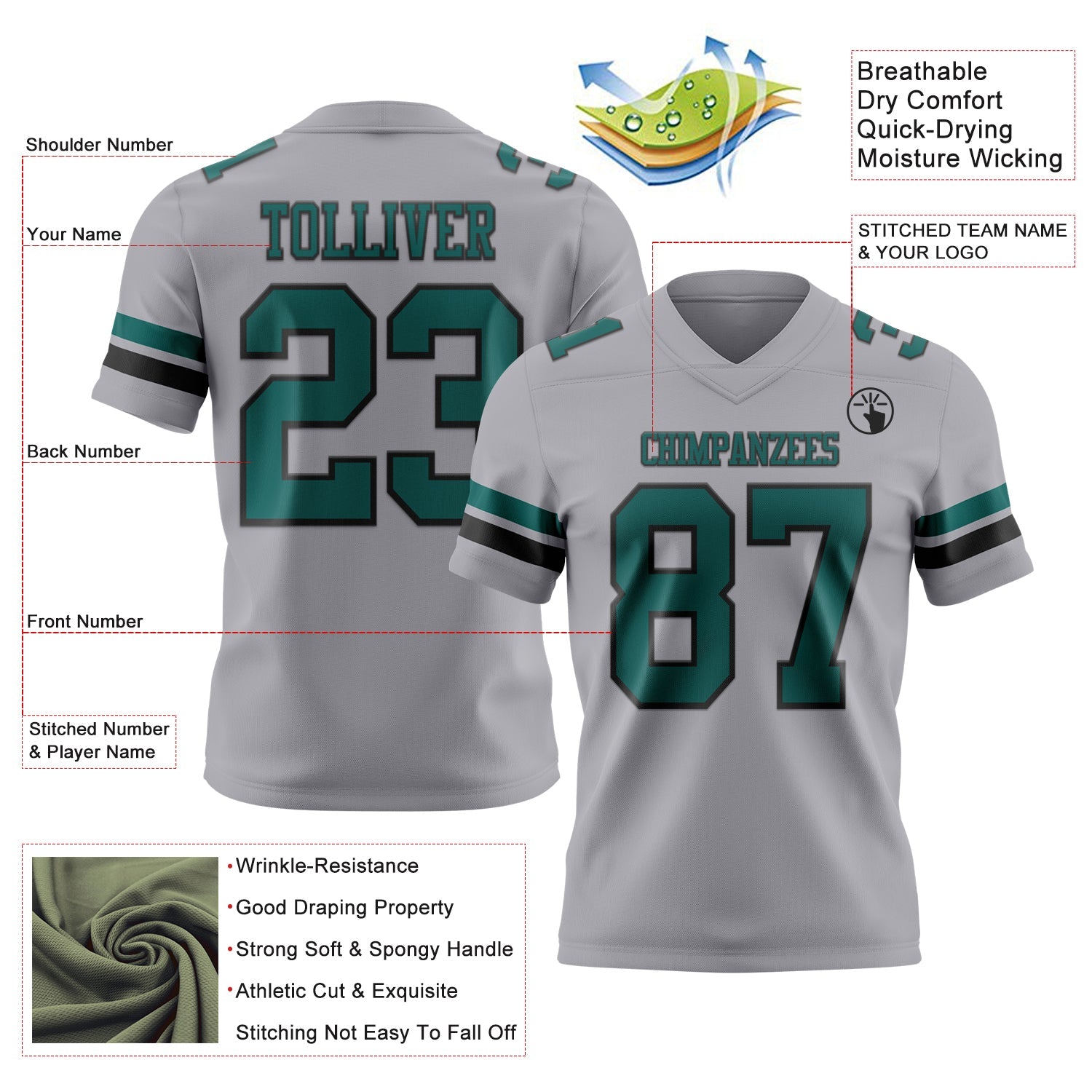 Custom Gray Midnight Green-Black Mesh Authentic Football Jersey - Sky-Custom