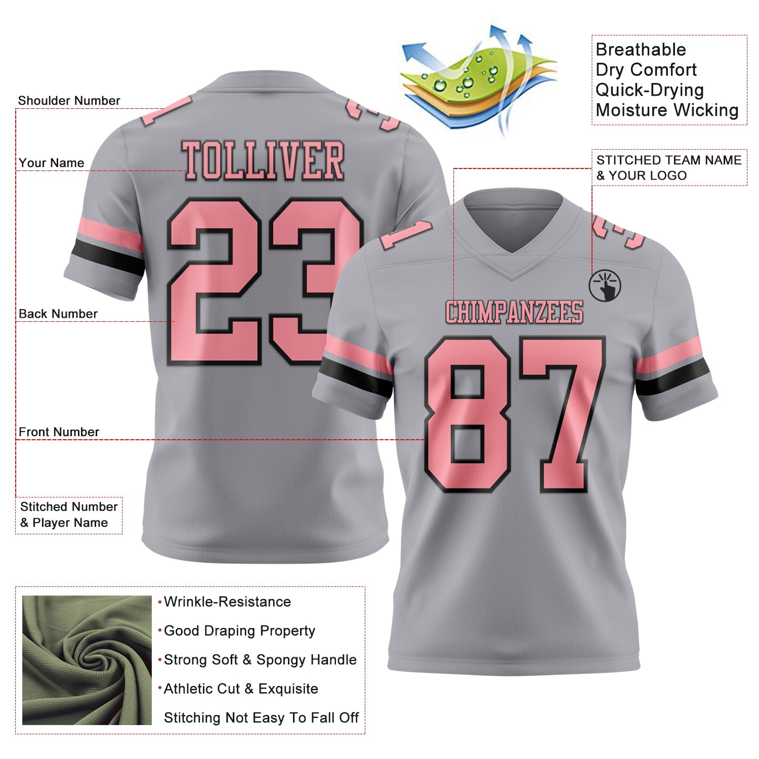 Custom Gray Medium Pink-Black Mesh Authentic Football Jersey - Sky-Custom