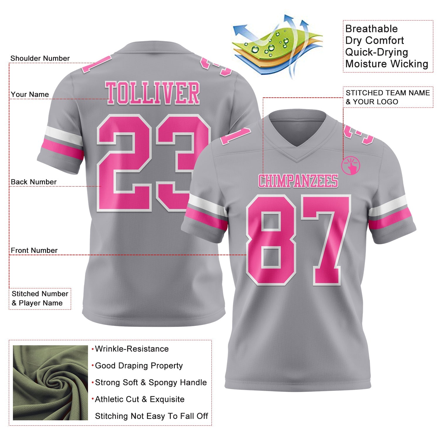 Custom Gray Pink-White Mesh Authentic Football Jersey - Sky-Custom
