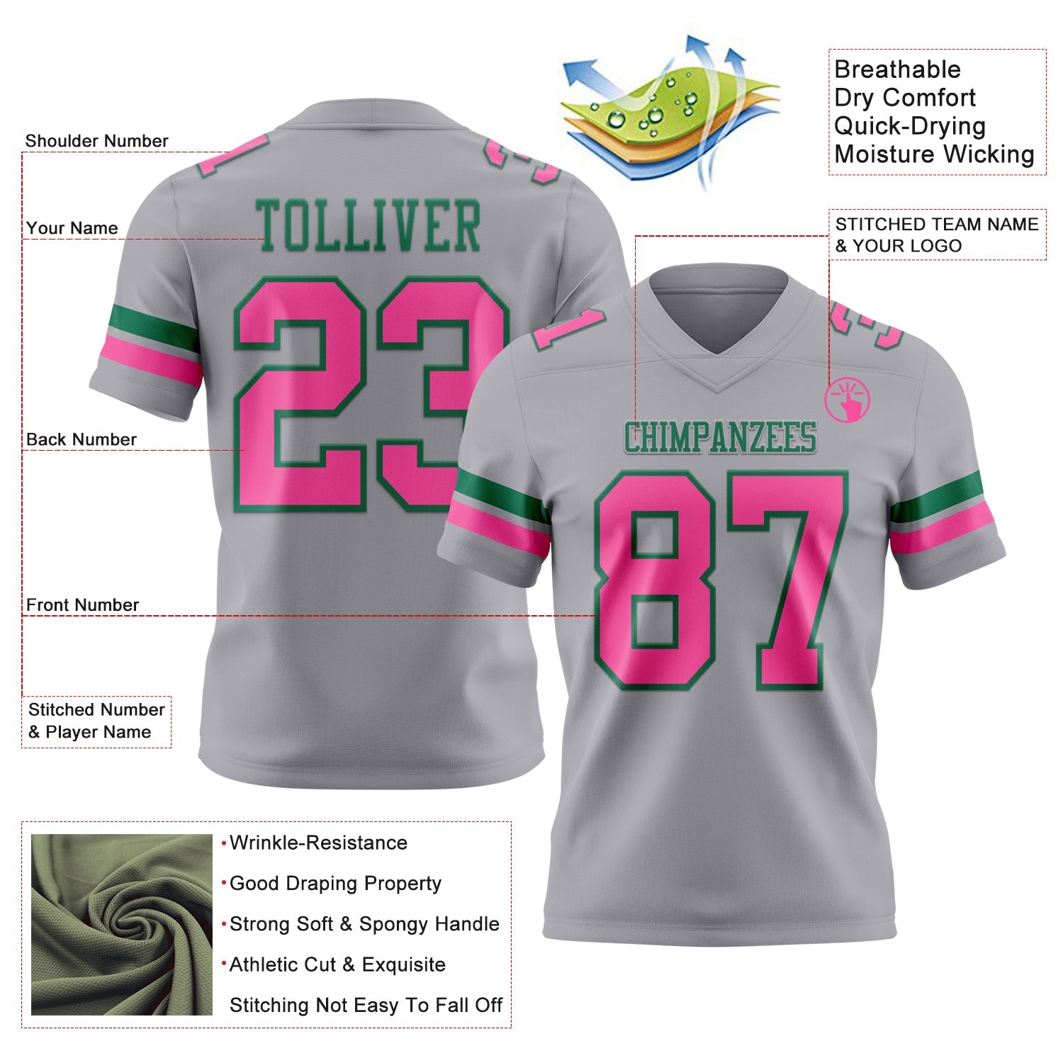 Custom Gray Pink-Kelly Green Mesh Authentic Football Jersey - Sky-Custom