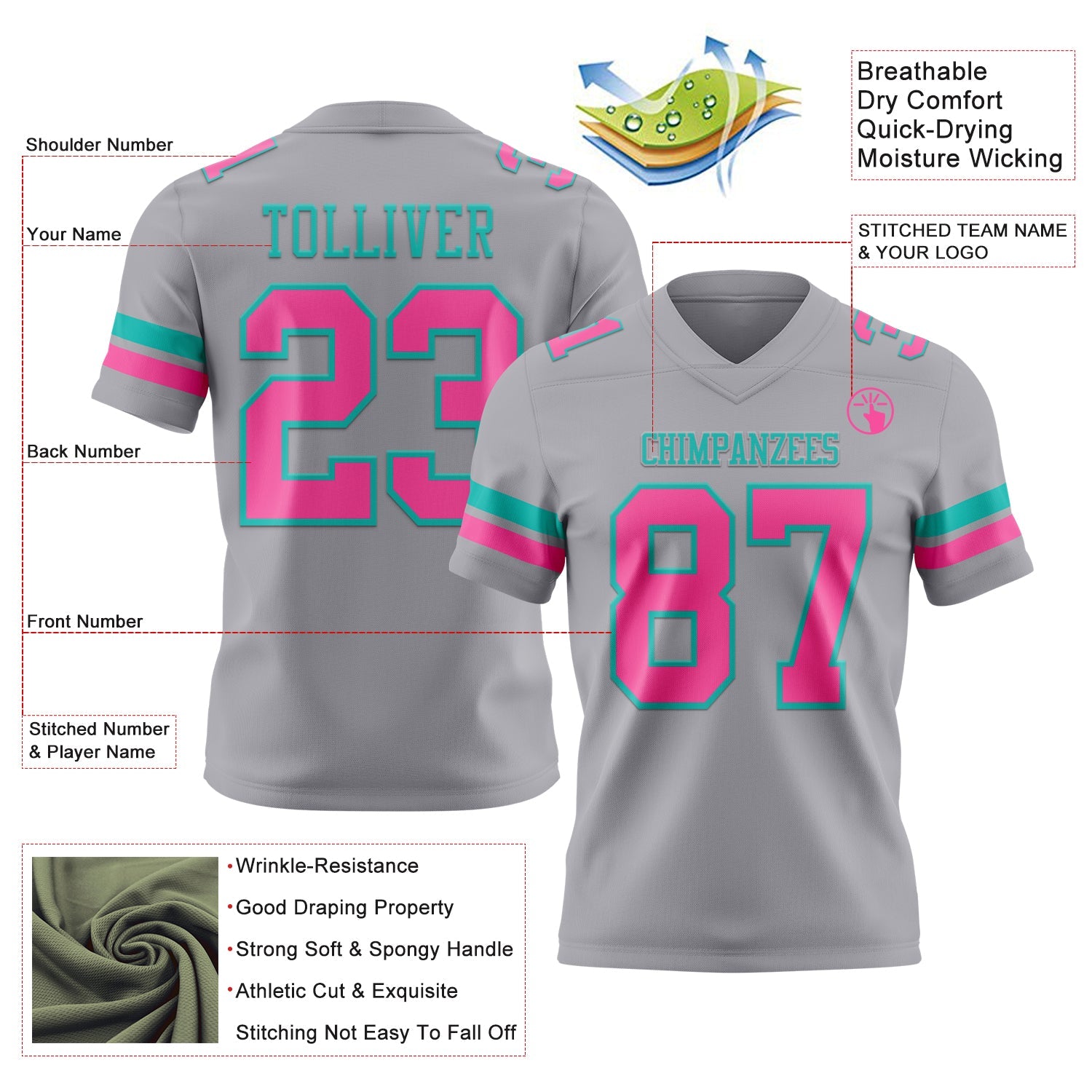 Custom Gray Pink-Aqua Mesh Authentic Football Jersey - Sky-Custom
