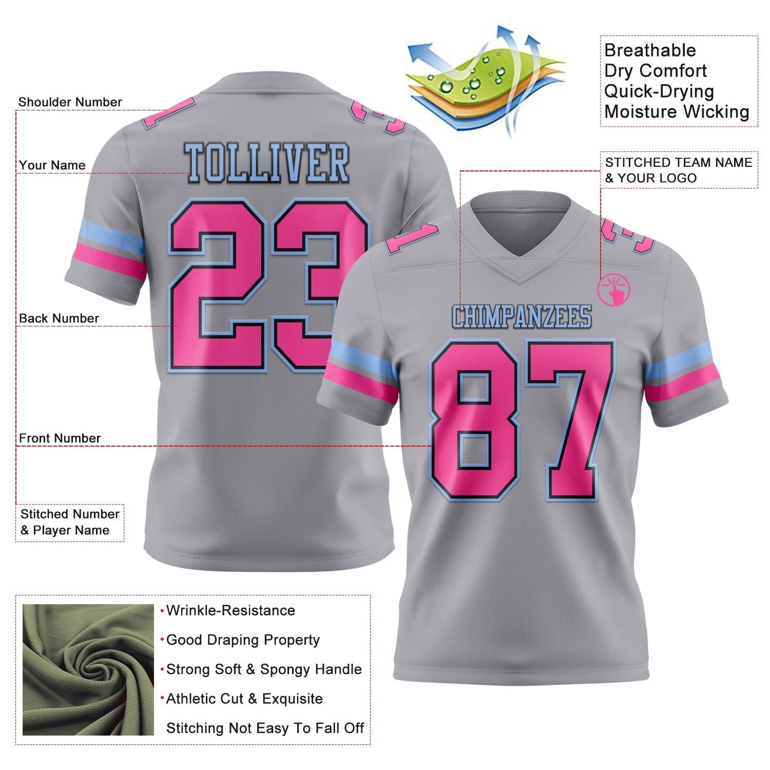 Custom Gray Pink Black-Light Blue Mesh Authentic Football Jersey - Sky-Custom