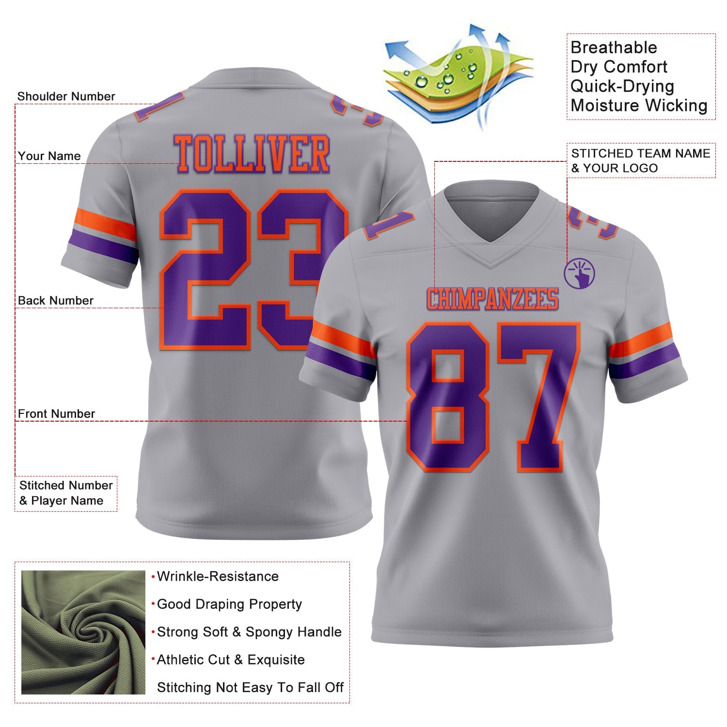 Custom Gray Purple-Orange Mesh Authentic Football Jersey - Sky-Custom