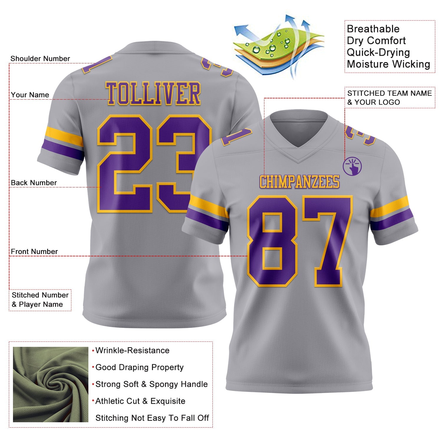 Custom Gray Purple-Gold Mesh Authentic Football Jersey - Sky-Custom