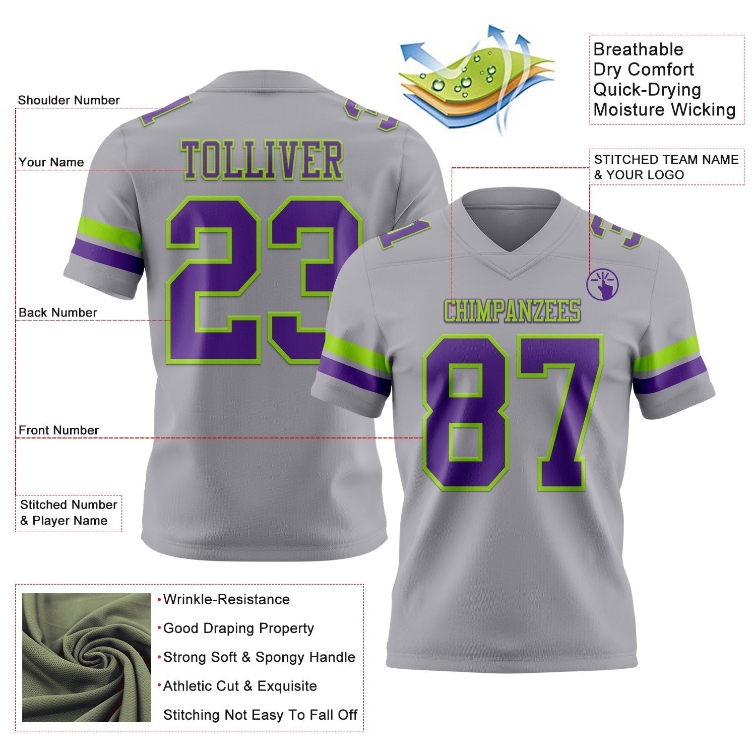 Custom Gray Purple-Neon Green Mesh Authentic Football Jersey - Sky-Custom