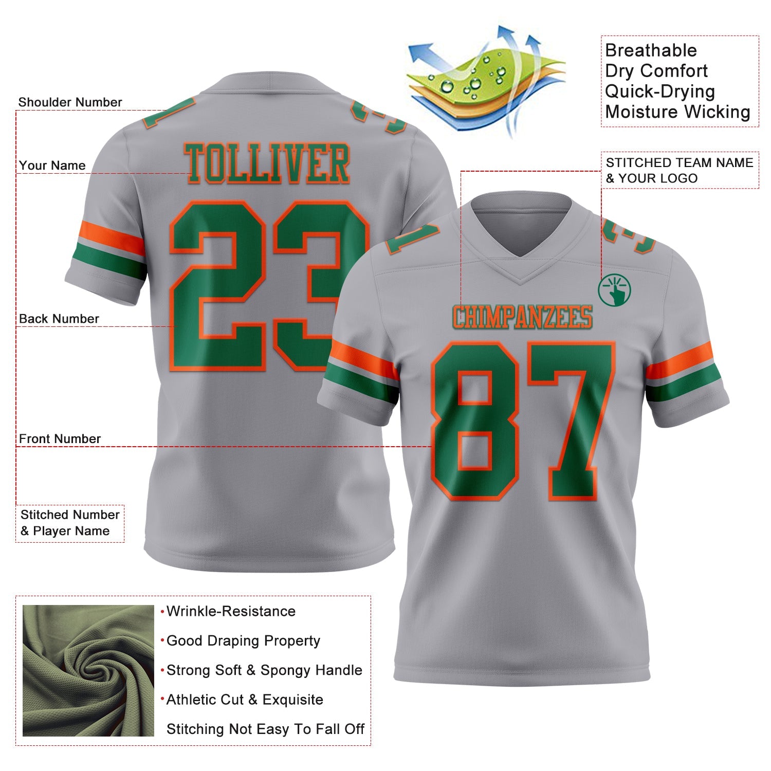Custom Gray Kelly Green-Orange Mesh Authentic Football Jersey - Sky-Custom