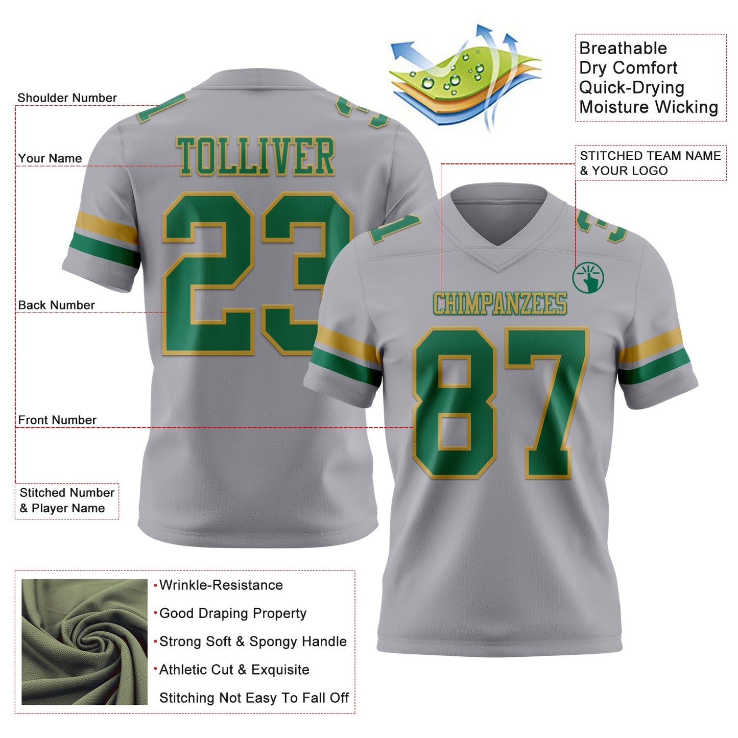 Custom Gray Kelly Green-Old Gold Mesh Authentic Football Jersey - Sky-Custom