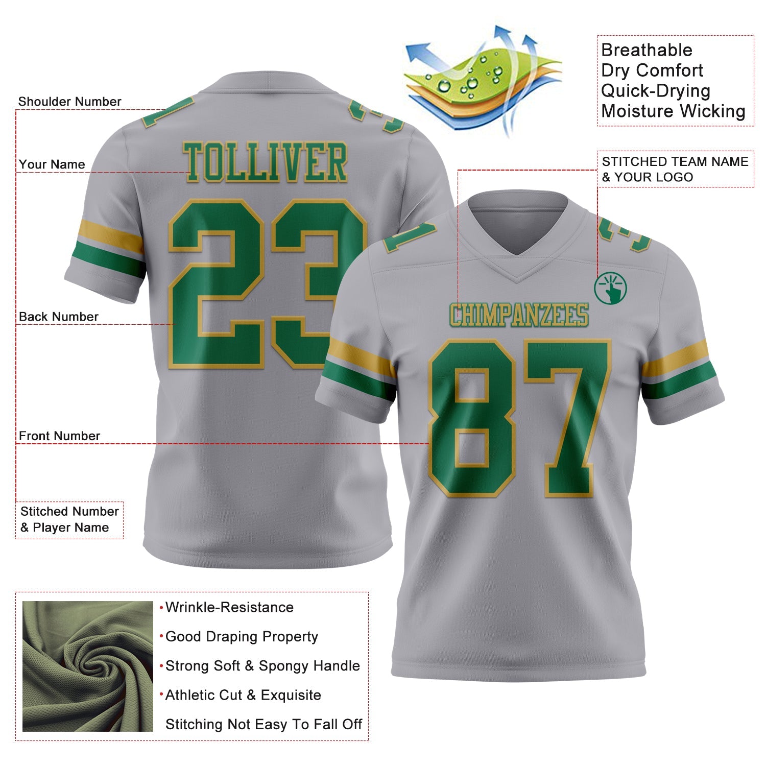 Custom Gray Kelly Green-Old Gold Mesh Authentic Football Jersey - Sky-Custom