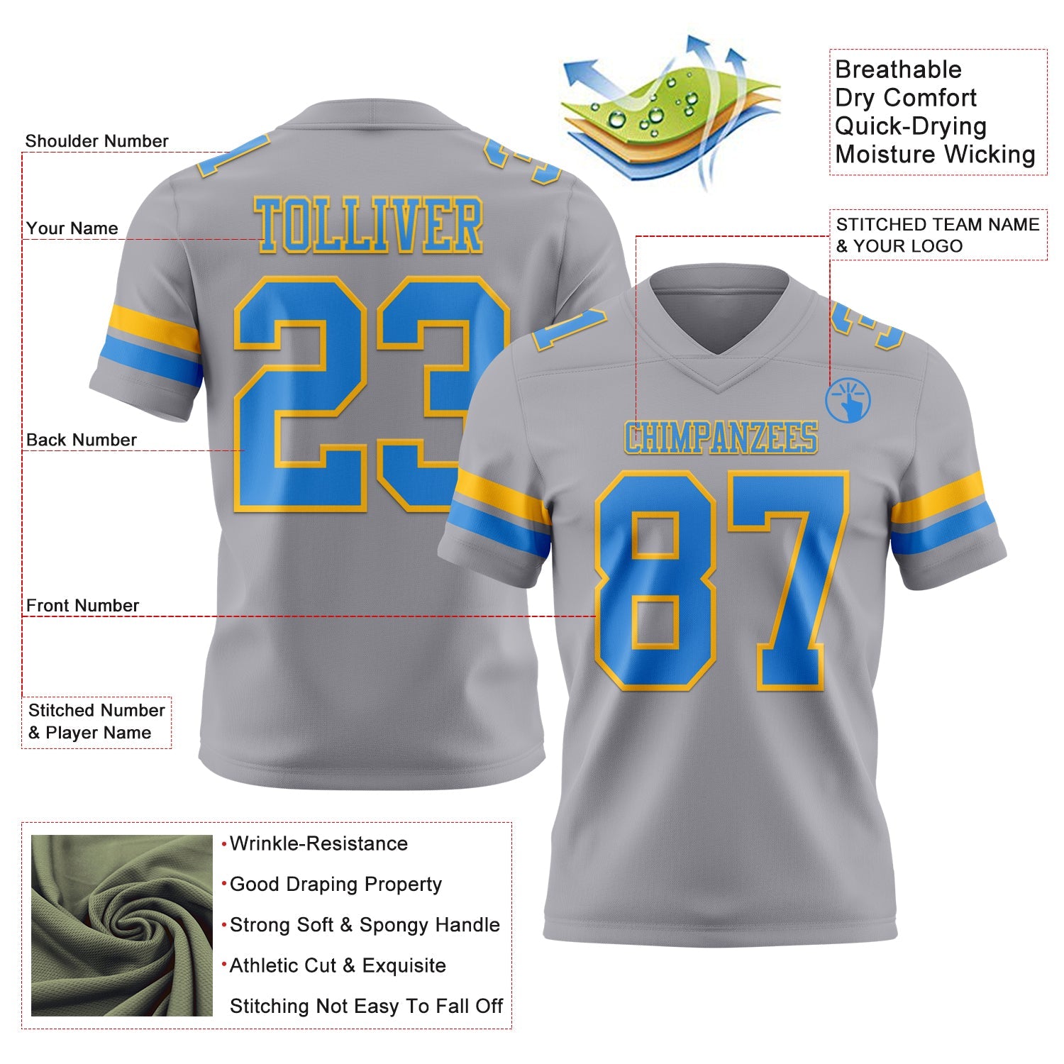 Custom Gray Powder Blue-Gold Mesh Authentic Football Jersey - Sky-Custom