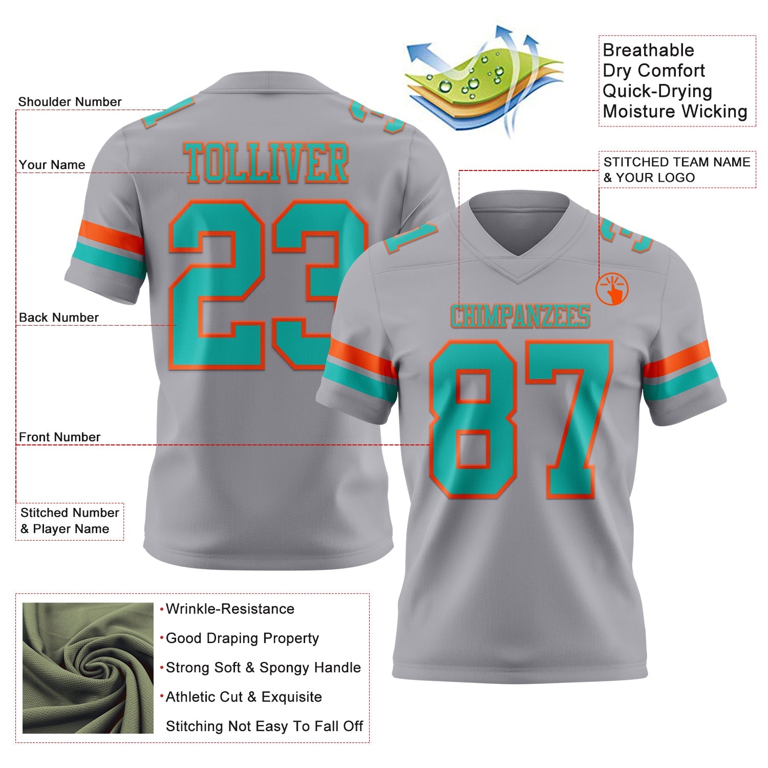 Custom Gray Aqua-Orange Mesh Authentic Football Jersey - Sky-Custom