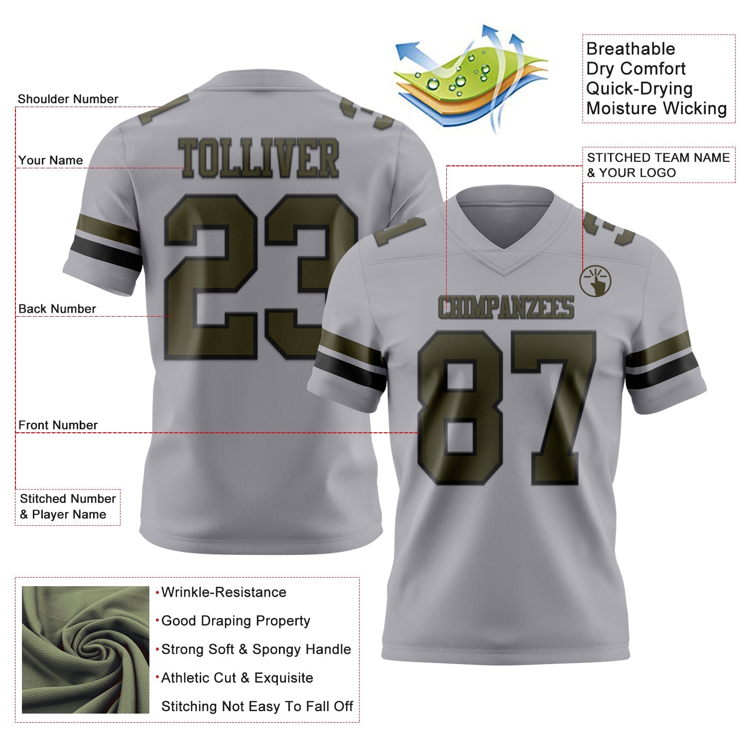 Custom Gray Olive-Black Mesh Authentic Football Jersey - Sky-Custom