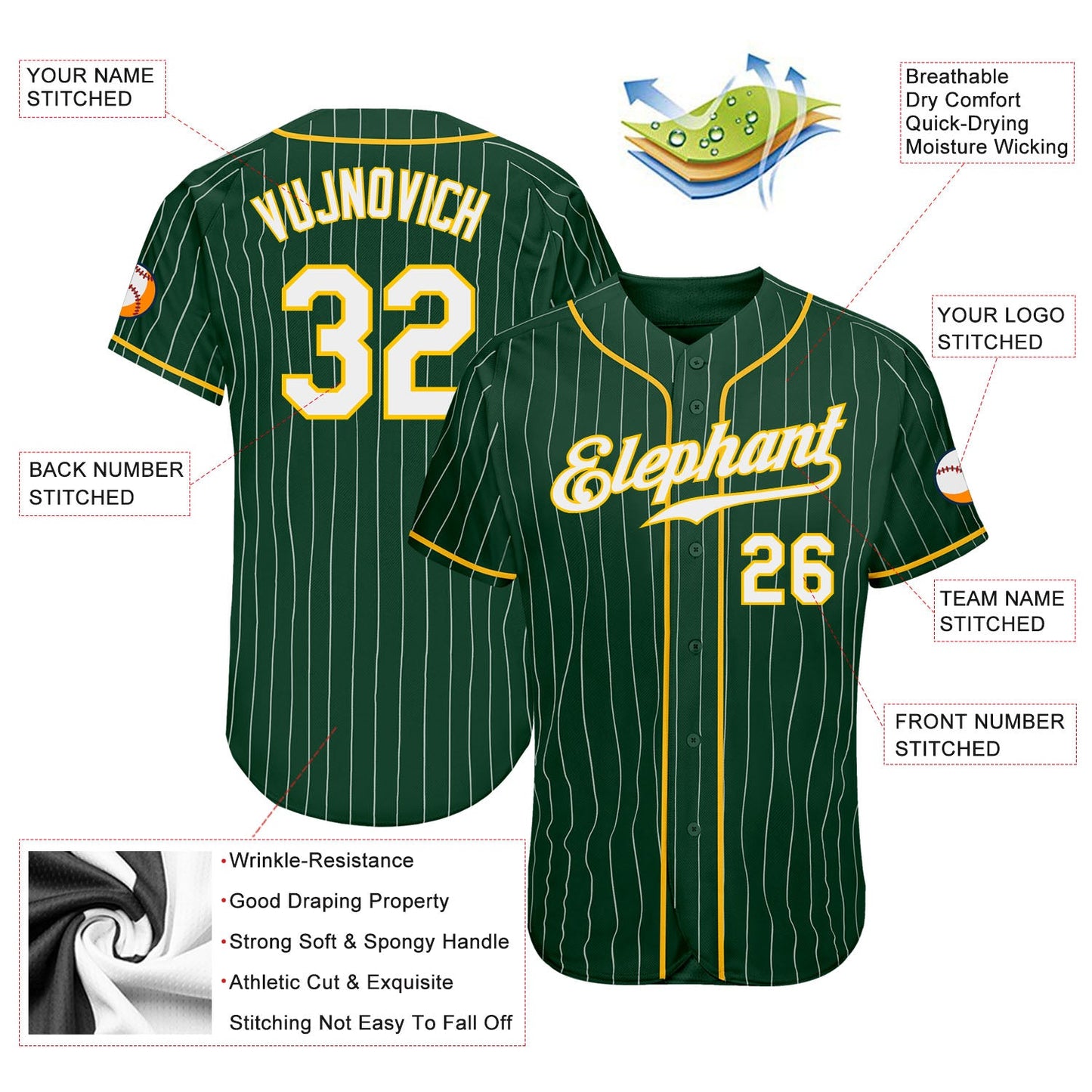 Custom Green White Pinstripe White-Gold Authentic Baseball Jersey - Sky-Custom
