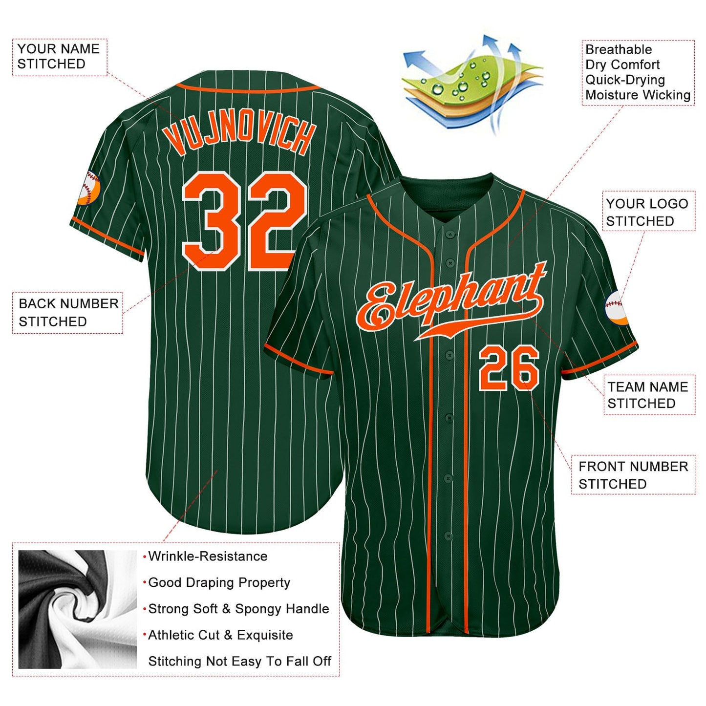Custom Green White Pinstripe Orange-White Authentic Baseball Jersey - Sky-Custom
