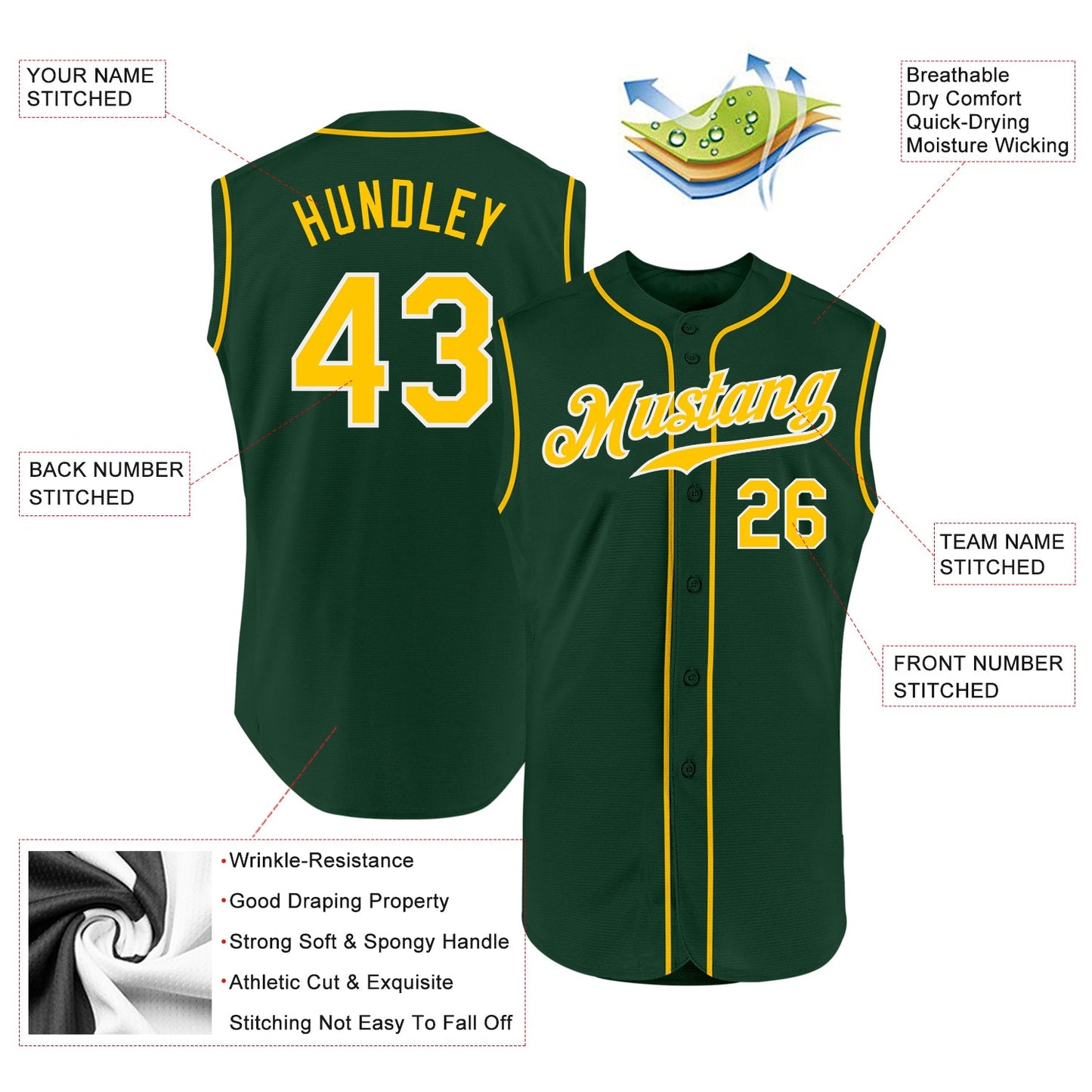 Custom Green Gold-White Authentic Sleeveless Baseball Jersey - Sky-Custom
