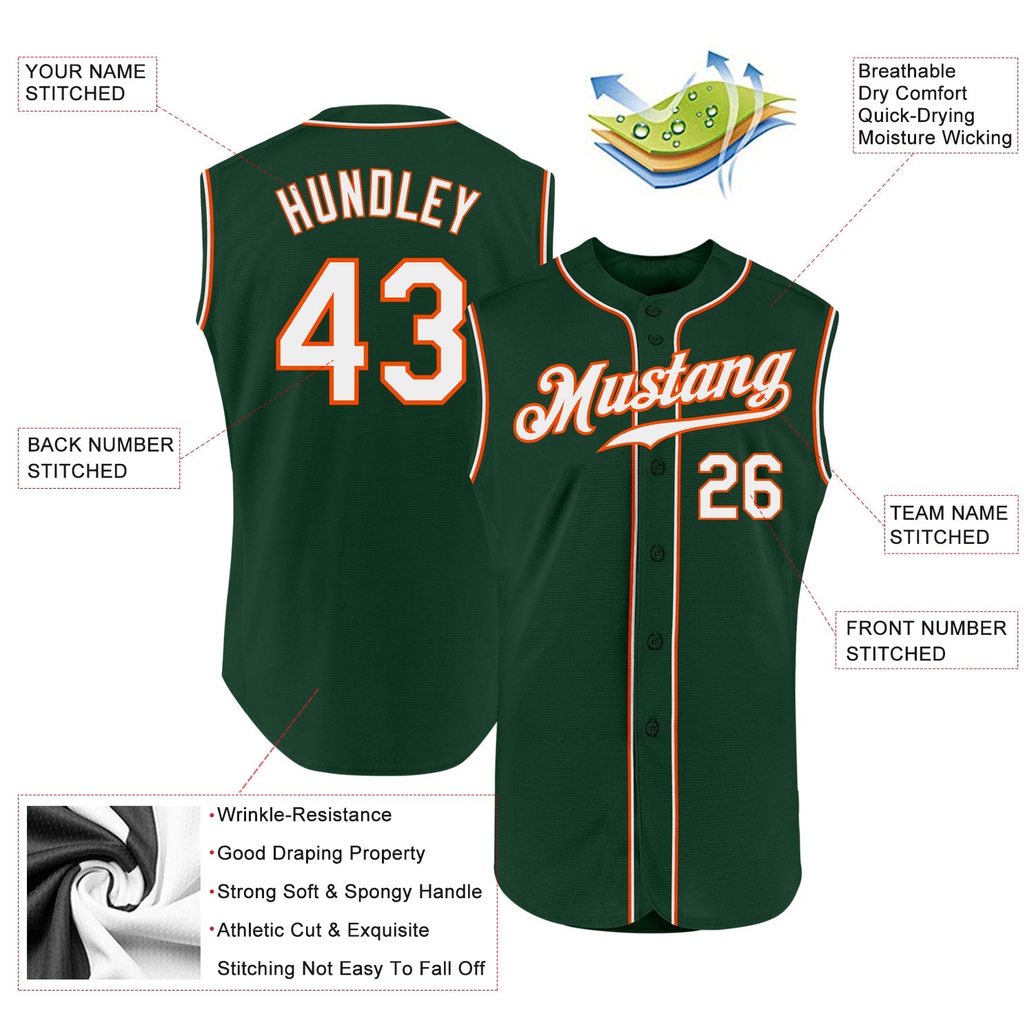 Custom Green White-Orange Authentic Sleeveless Baseball Jersey - Sky-Custom