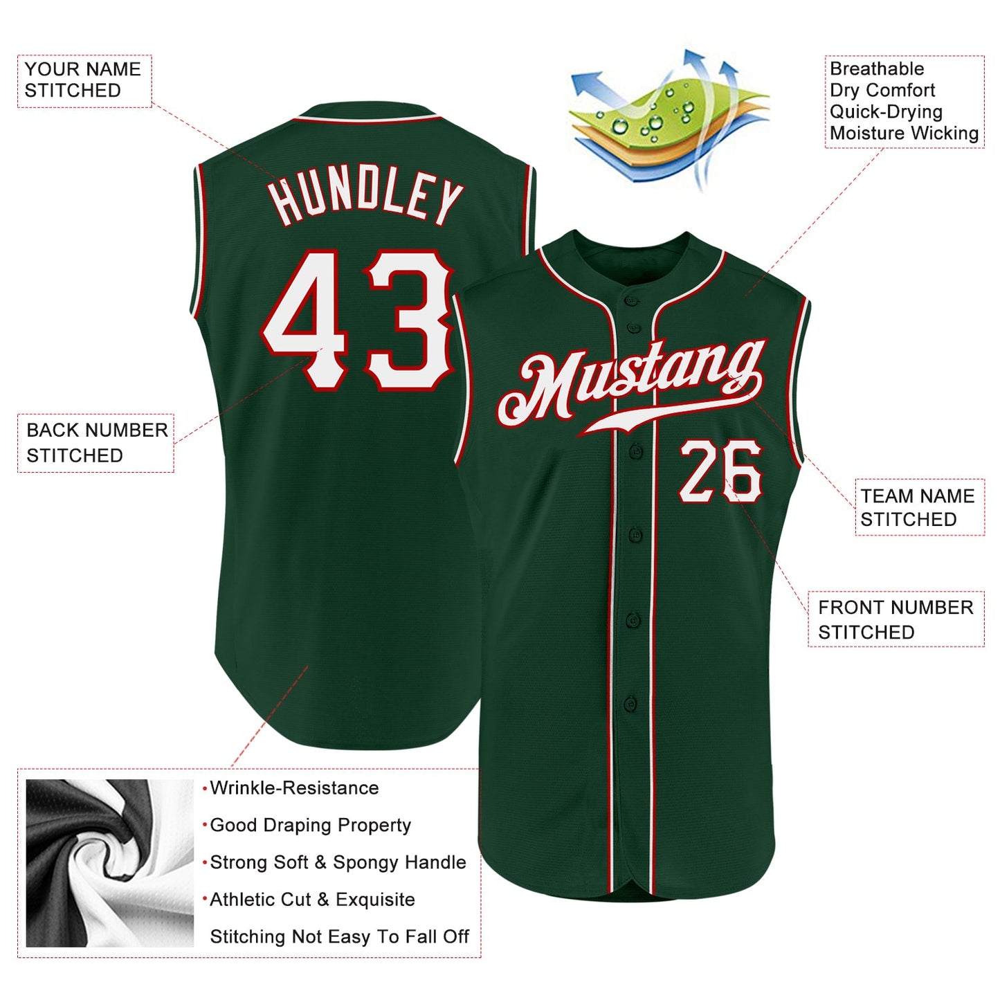 Custom Green White-Red Authentic Sleeveless Baseball Jersey - Sky-Custom