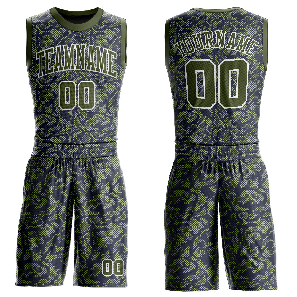 Custom Green Olive-Navy Round Neck Sublimation Basketball Suit Jersey - Sky-Custom