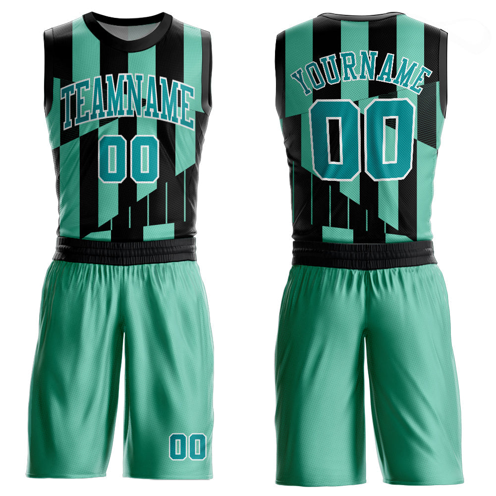 Custom Green Aqua-Black Round Neck Sublimation Basketball Suit Jersey - Sky-Custom