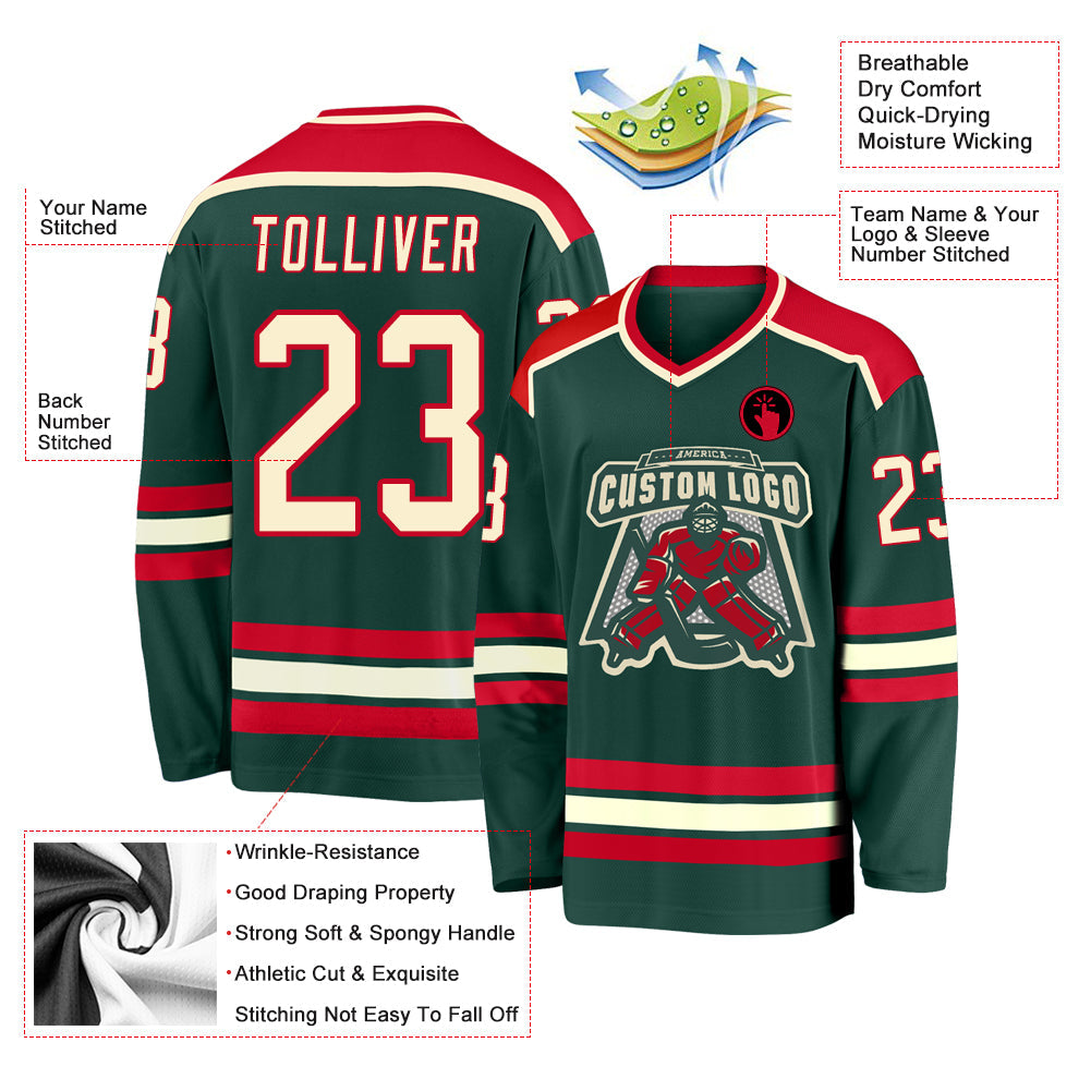 Custom Green Cream-Red Hockey Jersey - Sky-Custom