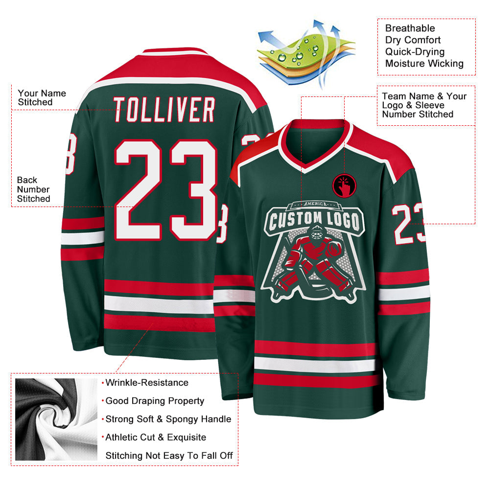 Custom Green White-Red Hockey Jersey - Sky-Custom