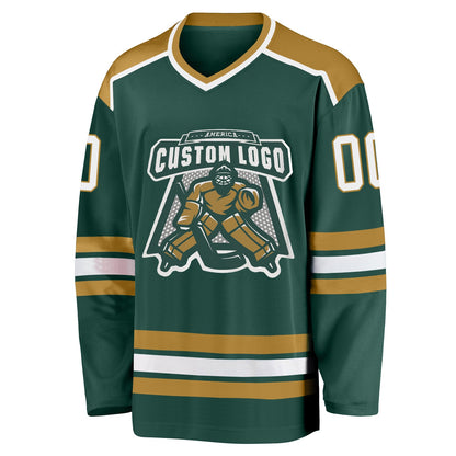 Custom Green White-Old Gold Hockey Jersey - Sky-Custom