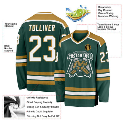 Custom Green White-Old Gold Hockey Jersey - Sky-Custom