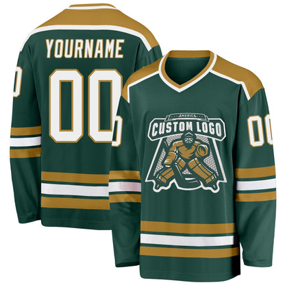 Custom Green White-Old Gold Hockey Jersey - Sky-Custom