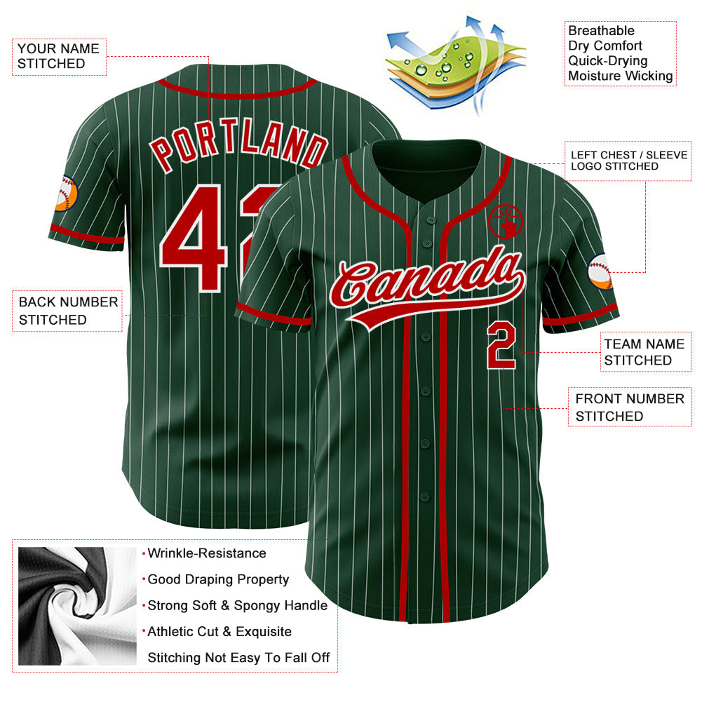 Custom Green White Pinstripe Red Authentic Baseball Jersey - Sky-Custom