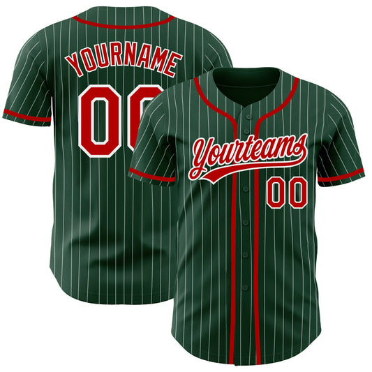Custom Green White Pinstripe Red Authentic Baseball Jersey - Sky-Custom
