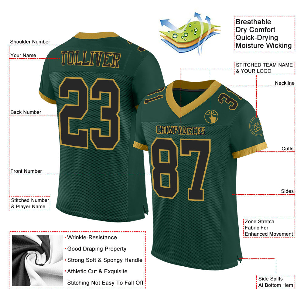 Custom Green Black-Old Gold Mesh Authentic Football Jersey - Sky-Custom