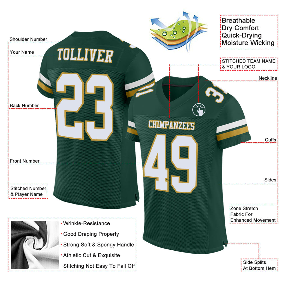 Custom Green White-Old Gold Mesh Authentic Football Jersey - Sky-Custom