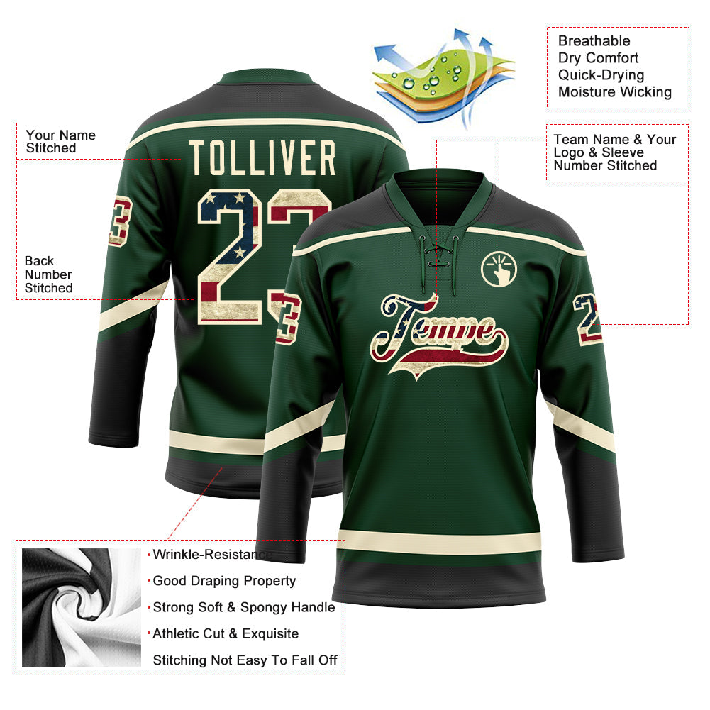 Custom Green Vintage USA Flag Black-Cream Hockey Lace Neck Jersey - Sky-Custom