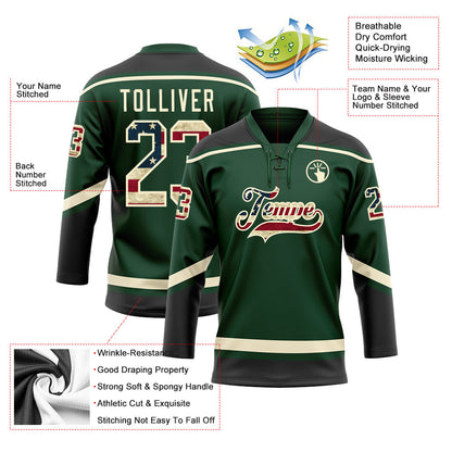 Custom Green Vintage USA Flag Black-Cream Hockey Lace Neck Jersey - Sky-Custom