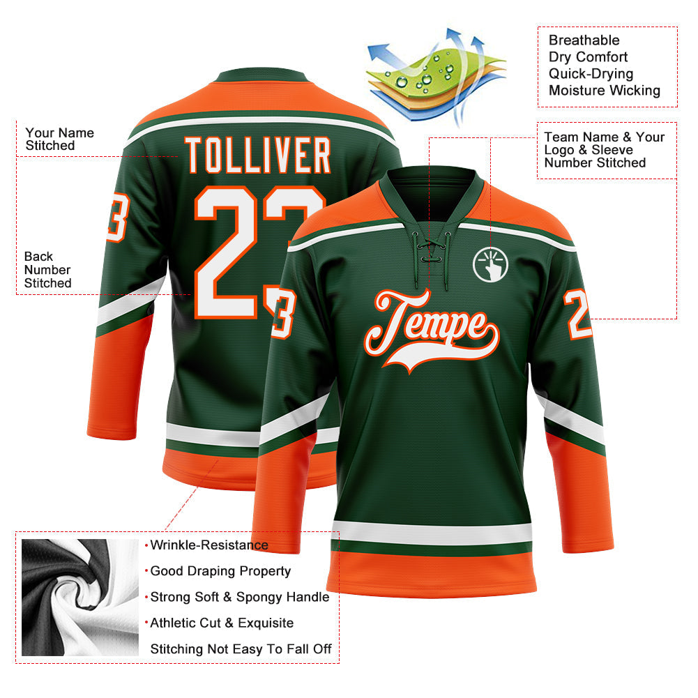 Custom Green White-Orange Hockey Lace Neck Jersey - Sky-Custom