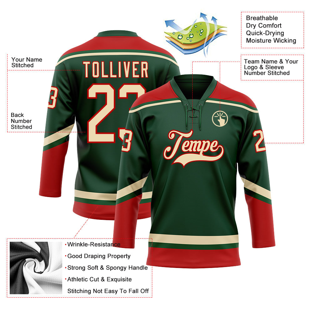 Custom Green City Cream-Red Hockey Lace Neck Jersey - Sky-Custom