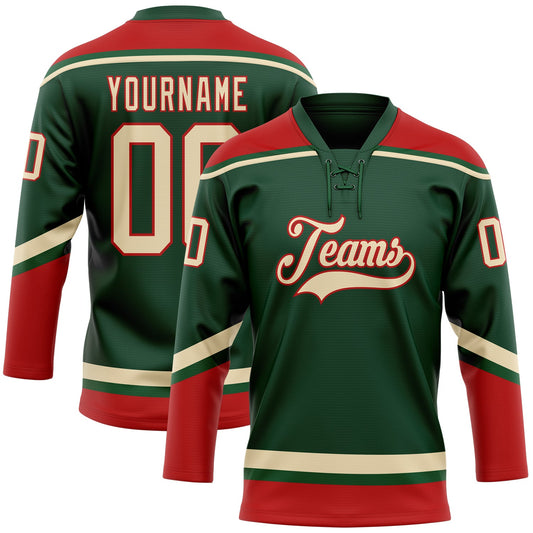 Custom Green City Cream-Red Hockey Lace Neck Jersey - Sky-Custom