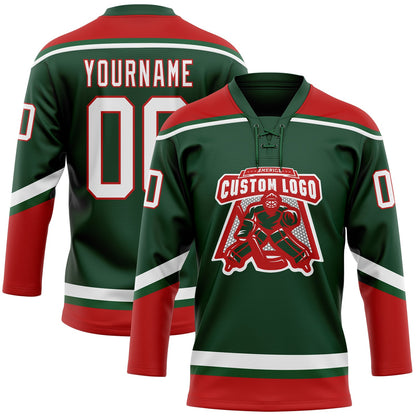 Custom Green White-Red Hockey Lace Neck Jersey - Sky-Custom