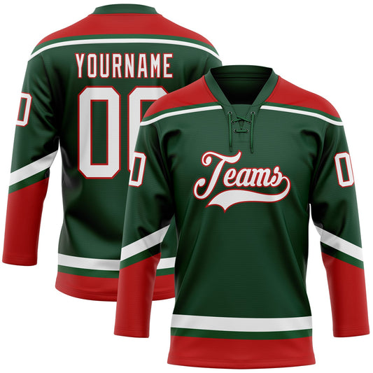 Custom Green White-Red Hockey Lace Neck Jersey - Sky-Custom
