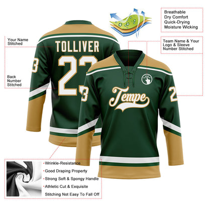 Custom Green White-Old Gold Hockey Lace Neck Jersey - Sky-Custom