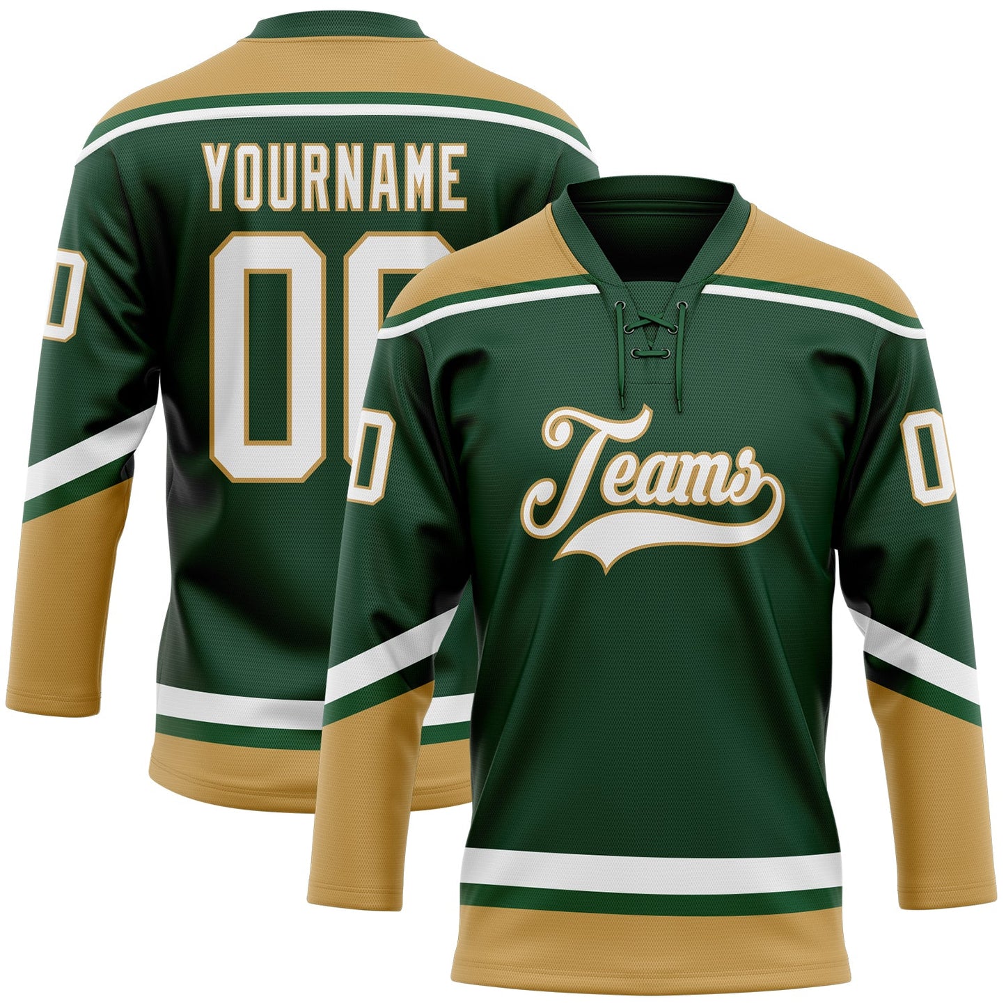 Custom Green White-Old Gold Hockey Lace Neck Jersey - Sky-Custom
